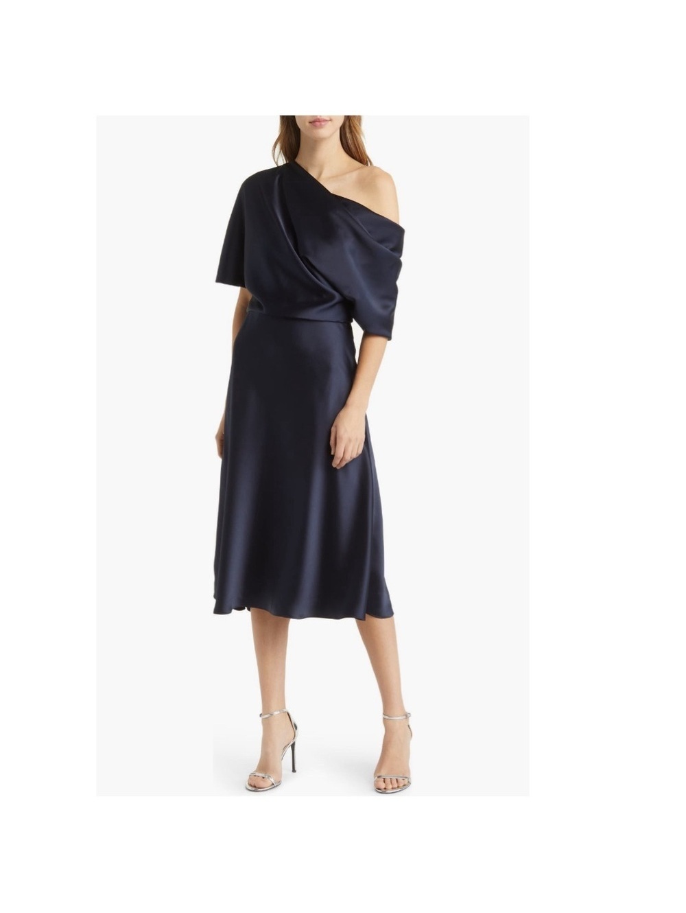 NEW Amsale NAVY One Shoulder Fluid Satin Cocktail Midi Dress, Size 4 Retail $385